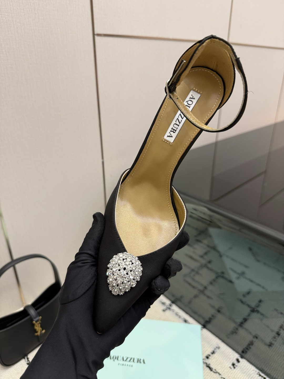 Aquazzura Black Embellished Ankle Strap Pumps