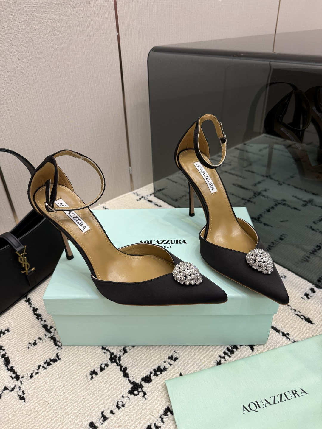 Aquazzura Black Embellished Ankle Strap Pumps
