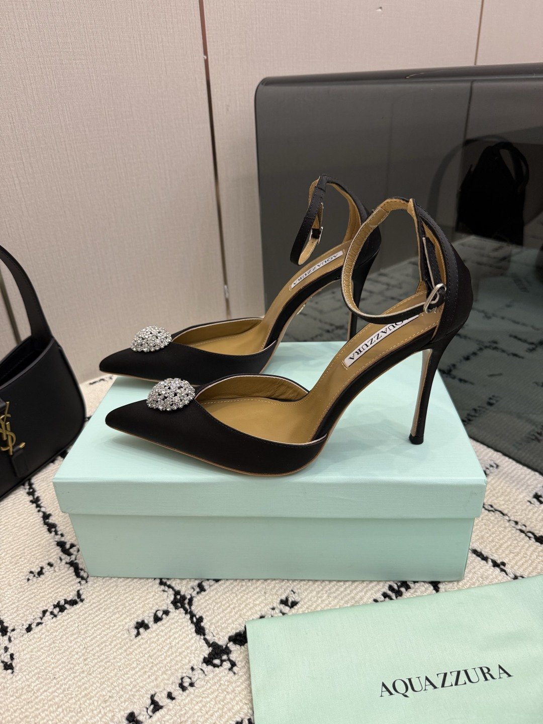 Aquazzura Black Embellished Ankle Strap Pumps