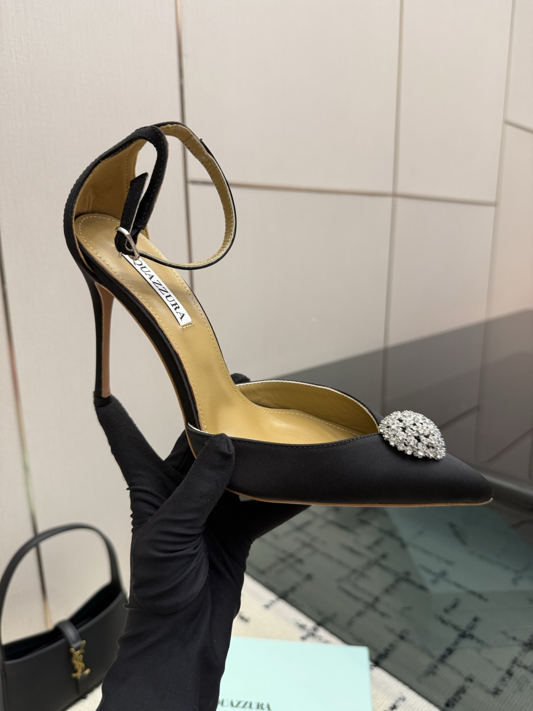 Aquazzura Black Embellished Ankle Strap Pumps