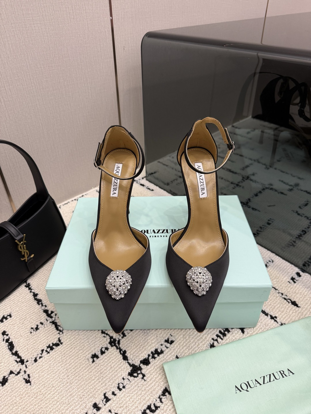 Aquazzura Black Embellished Ankle Strap Pumps