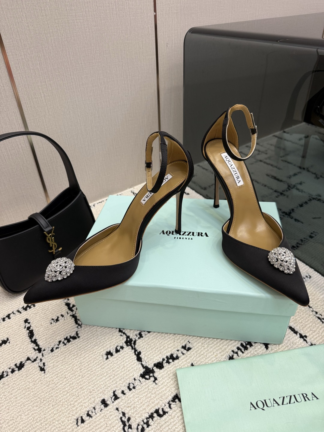 Aquazzura Black Embellished Ankle Strap Pumps