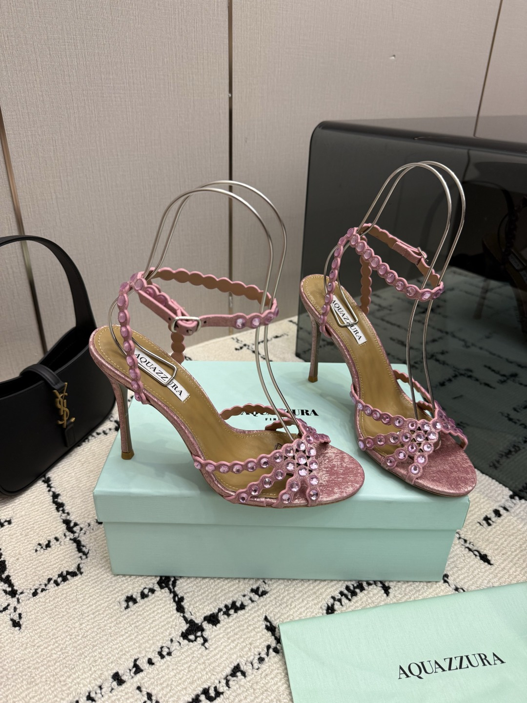 Aquazzura Pink Beaded Ankle Strap Sandals