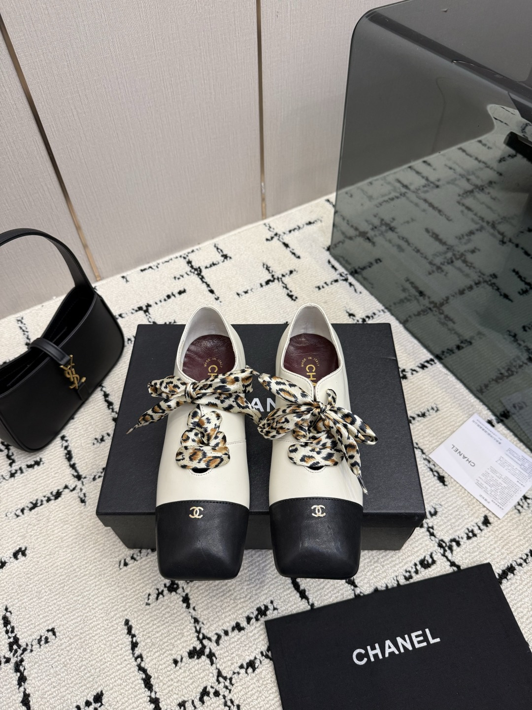 Chanel White Printed Bow Lace-Up Shoes