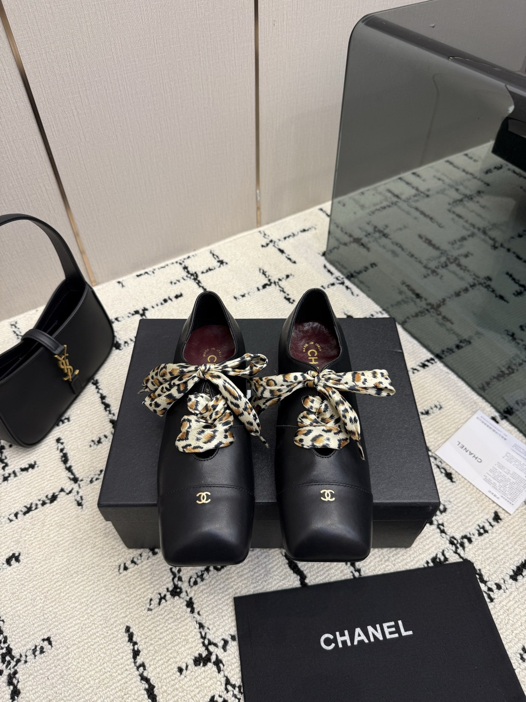 Chanel Black Printed Bow Lace-Up Shoes