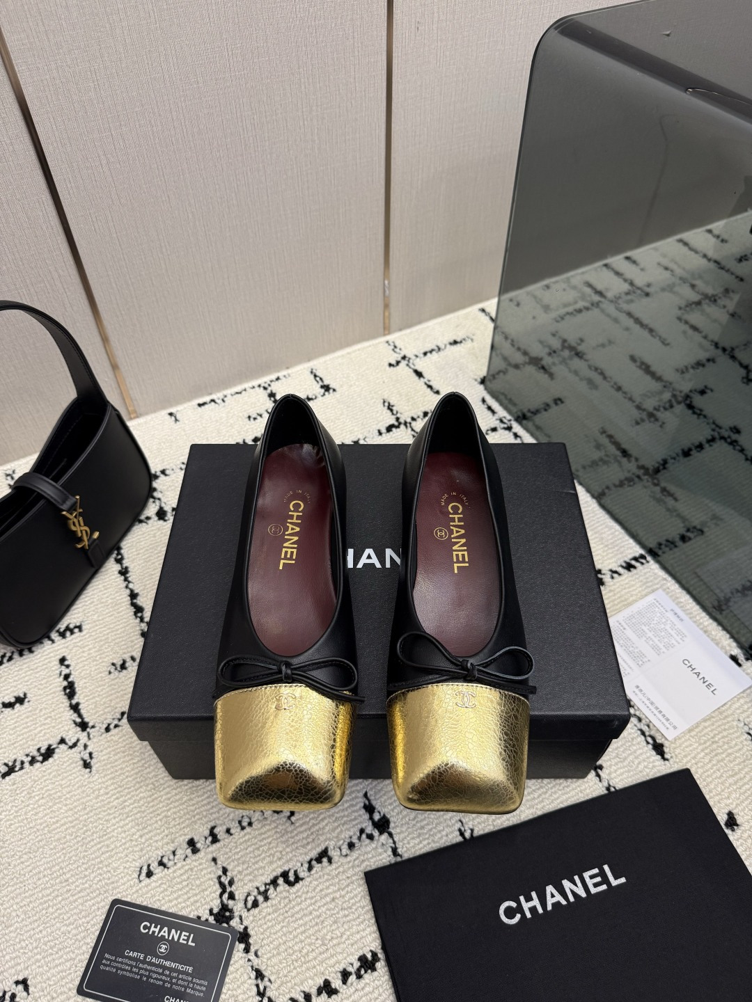 Chanel Black Gold Cap-Toe Ballet Flats