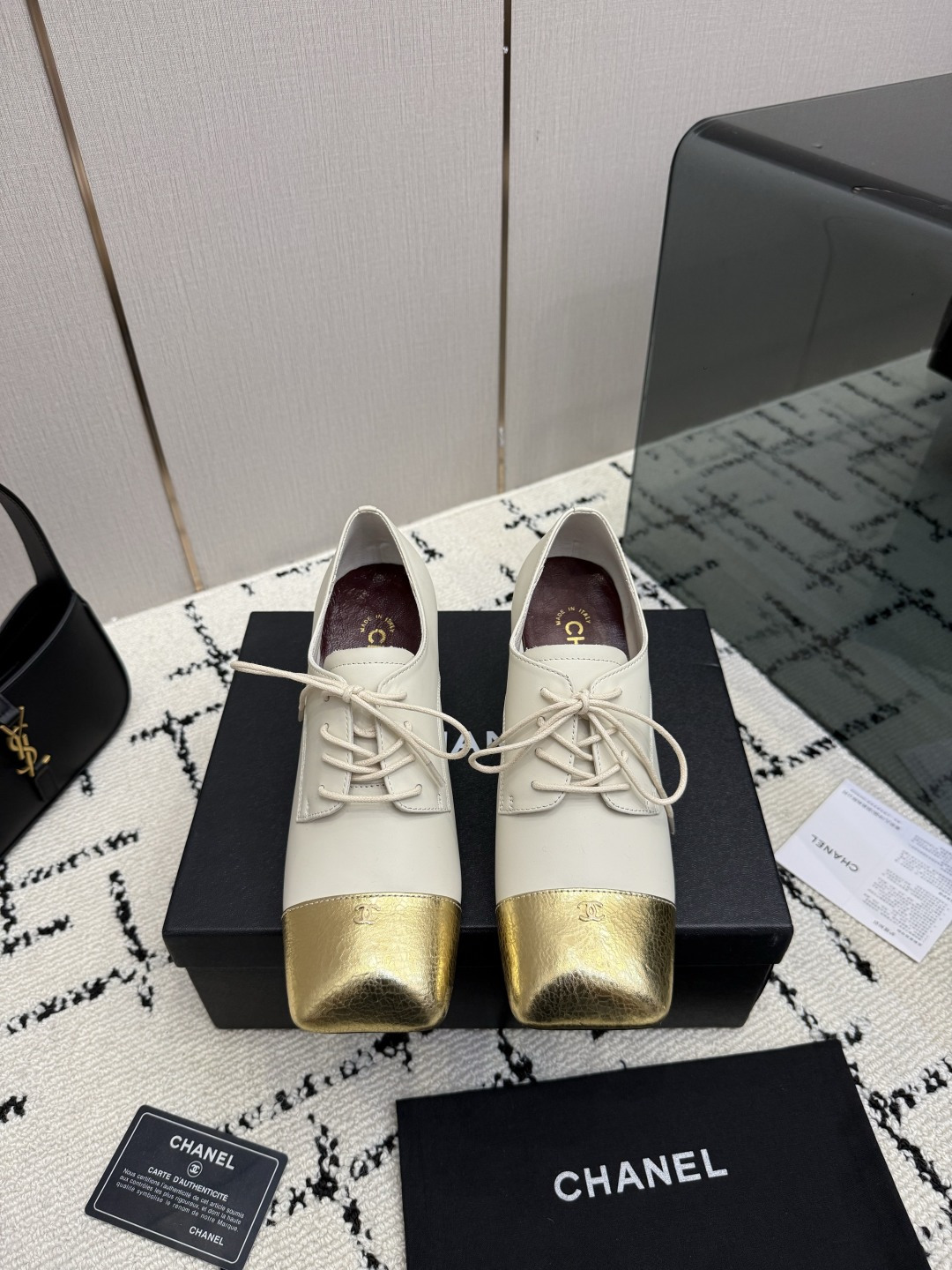 Chanel Cream Gold Cap-Toe Lace-Up Shoes