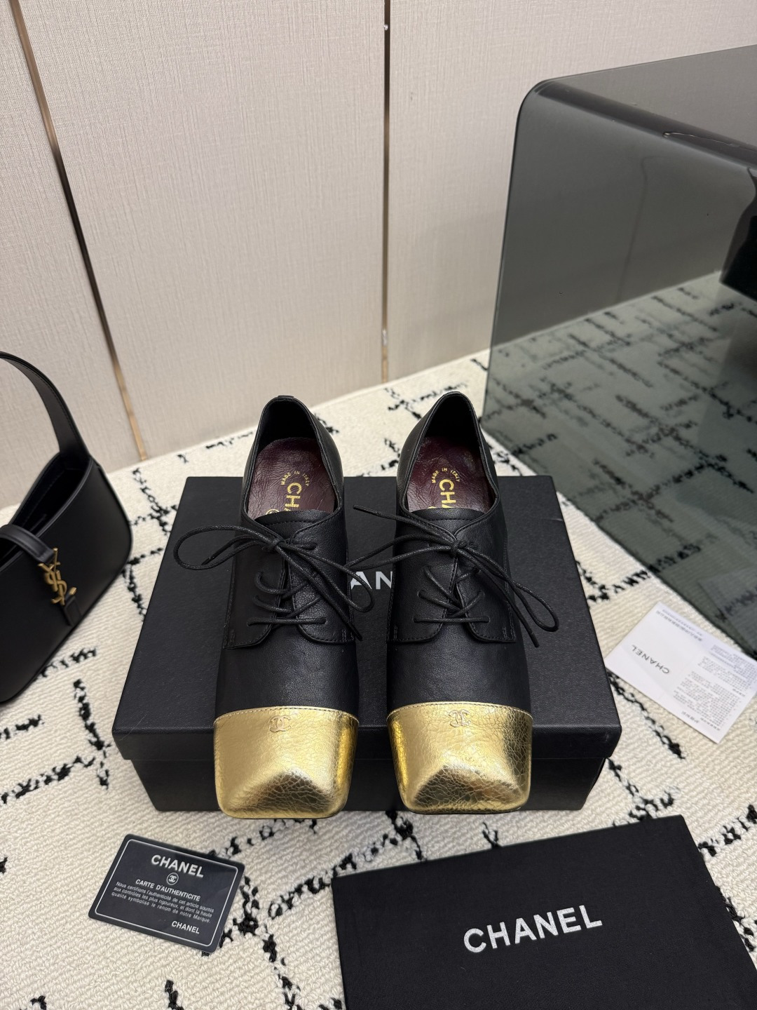 Chanel Black Gold Cap-Toe Lace-Up Shoes
