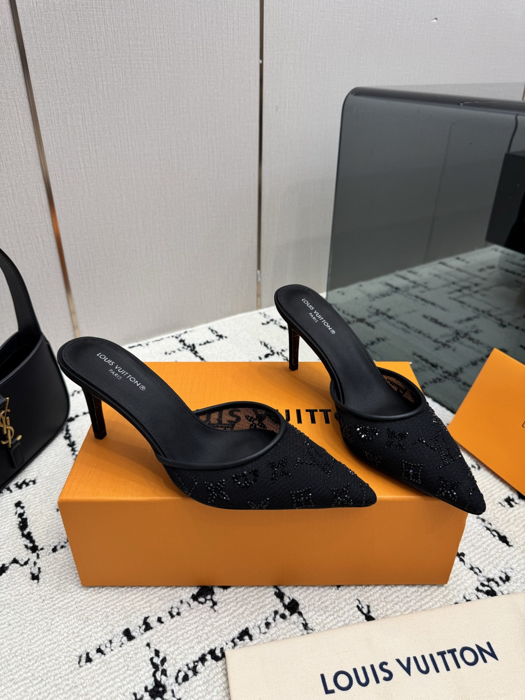 Louis Vuitton Black Monogram Heeled Mules