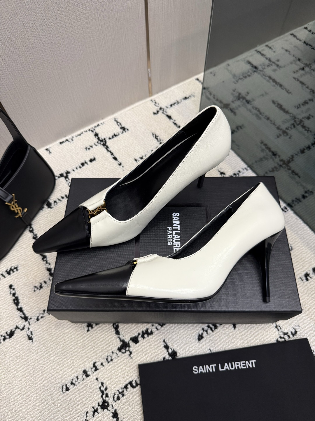 Saint Laurent White Black Cap Toe Pointed Pumps