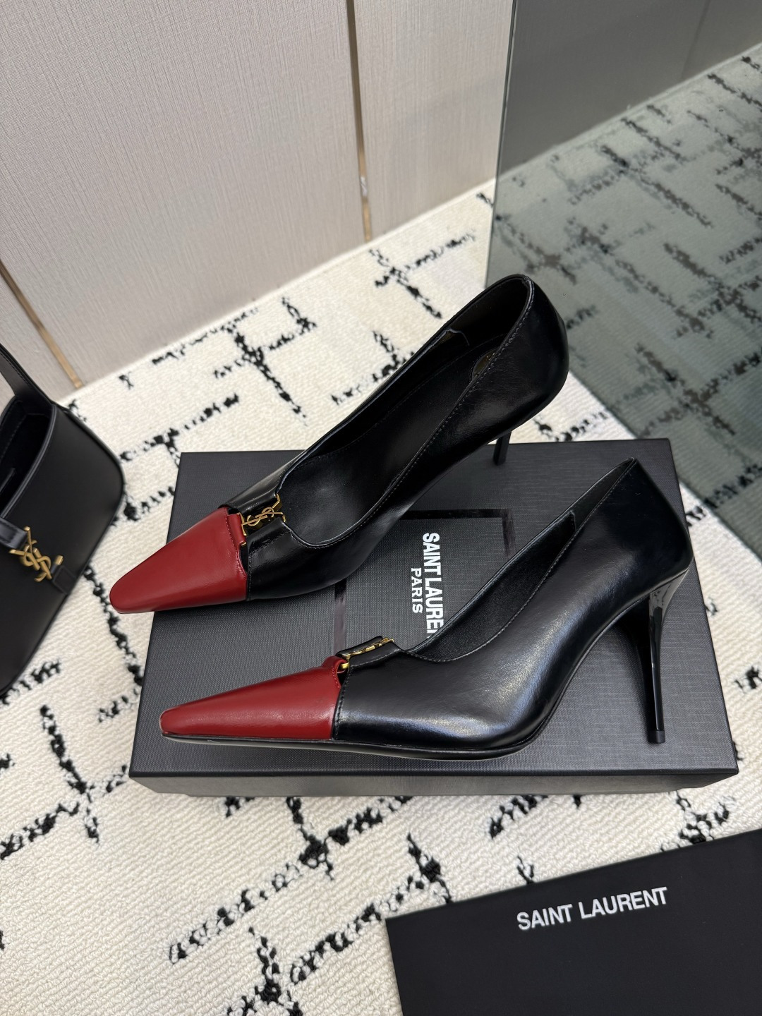 Saint Laurent Black Red Cap Toe Pointed Pumps
