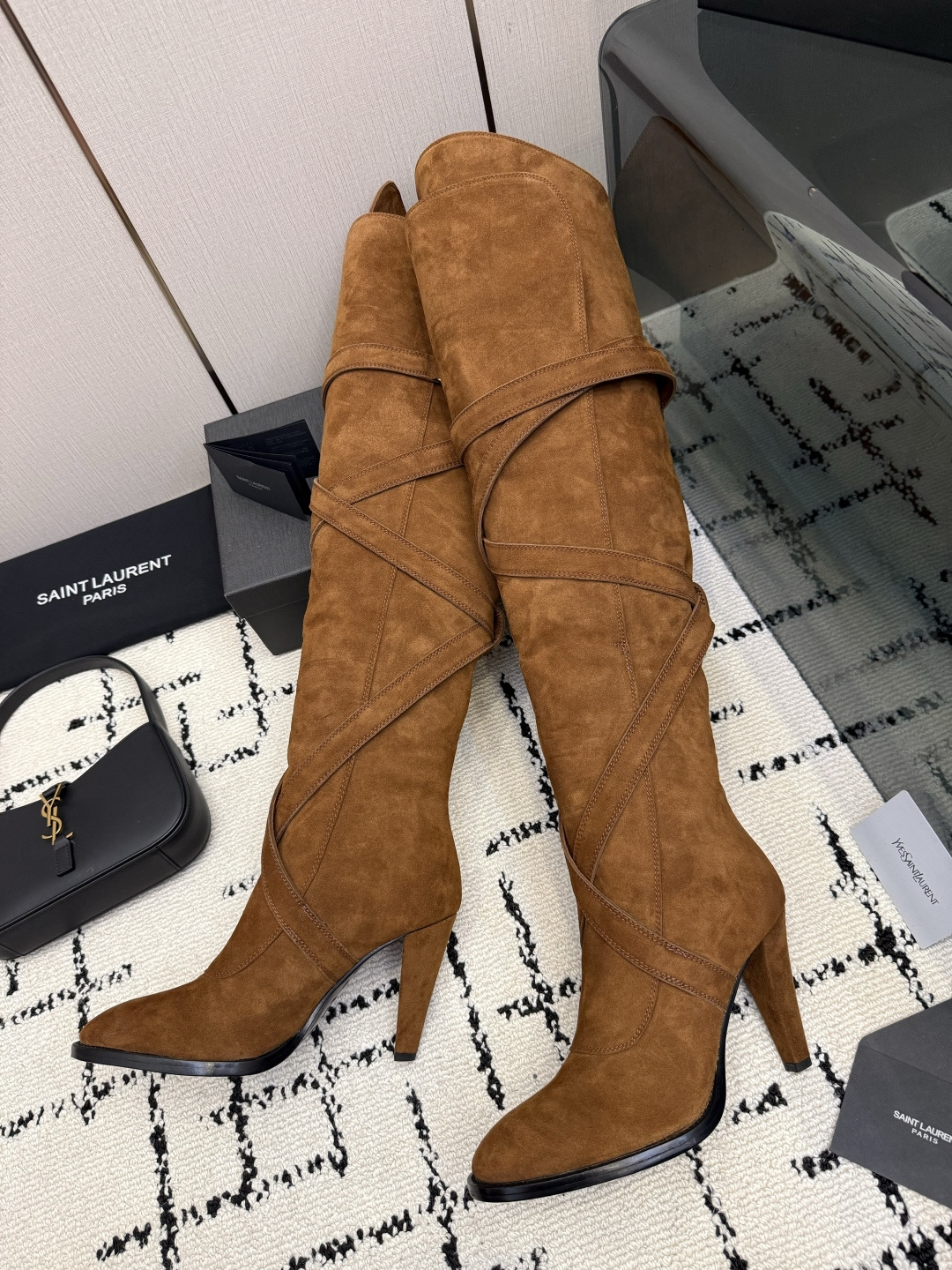 Saint Laurent Tan Folded Knee High Boots