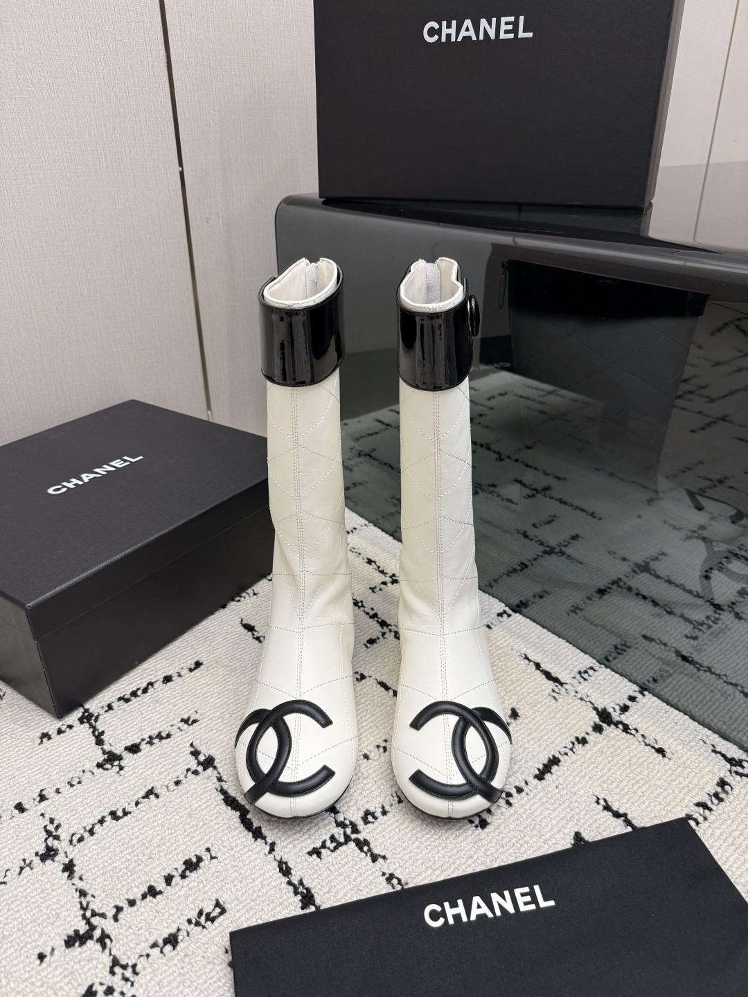 Chanel White Logo Knee-High Boots