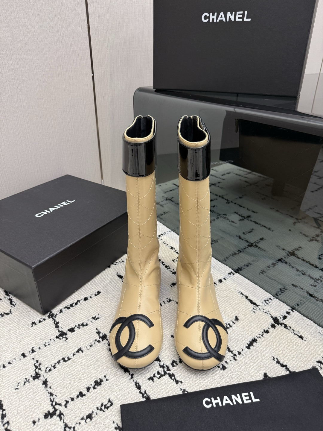 Chanel Beige Logo Knee-High Boots