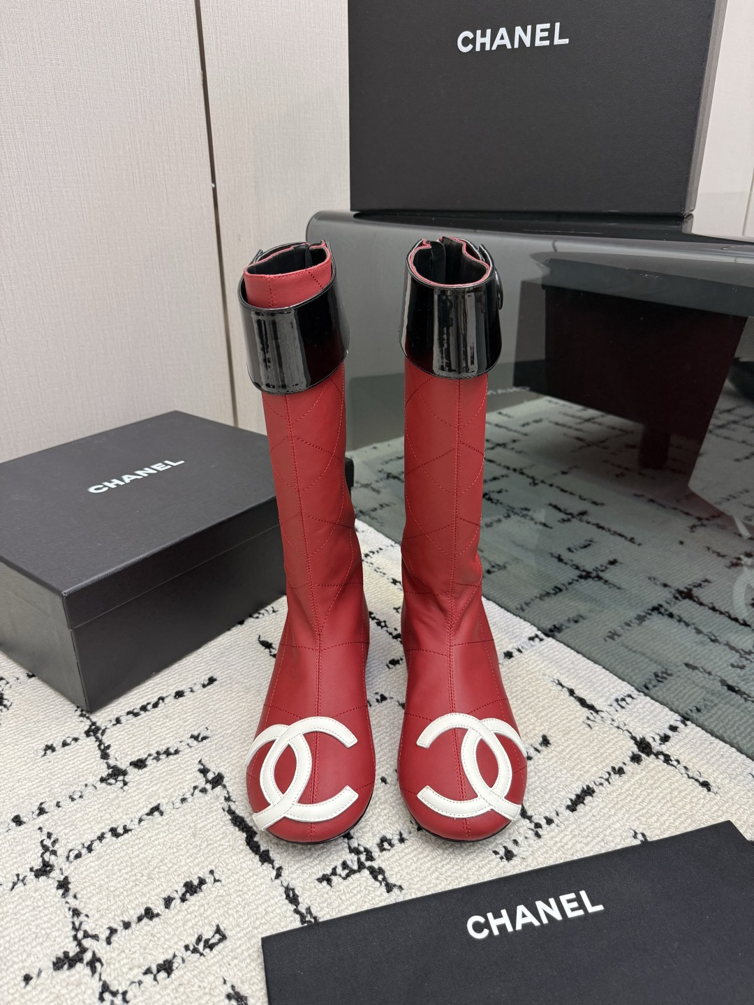 Chanel Red Logo Knee-High Boots