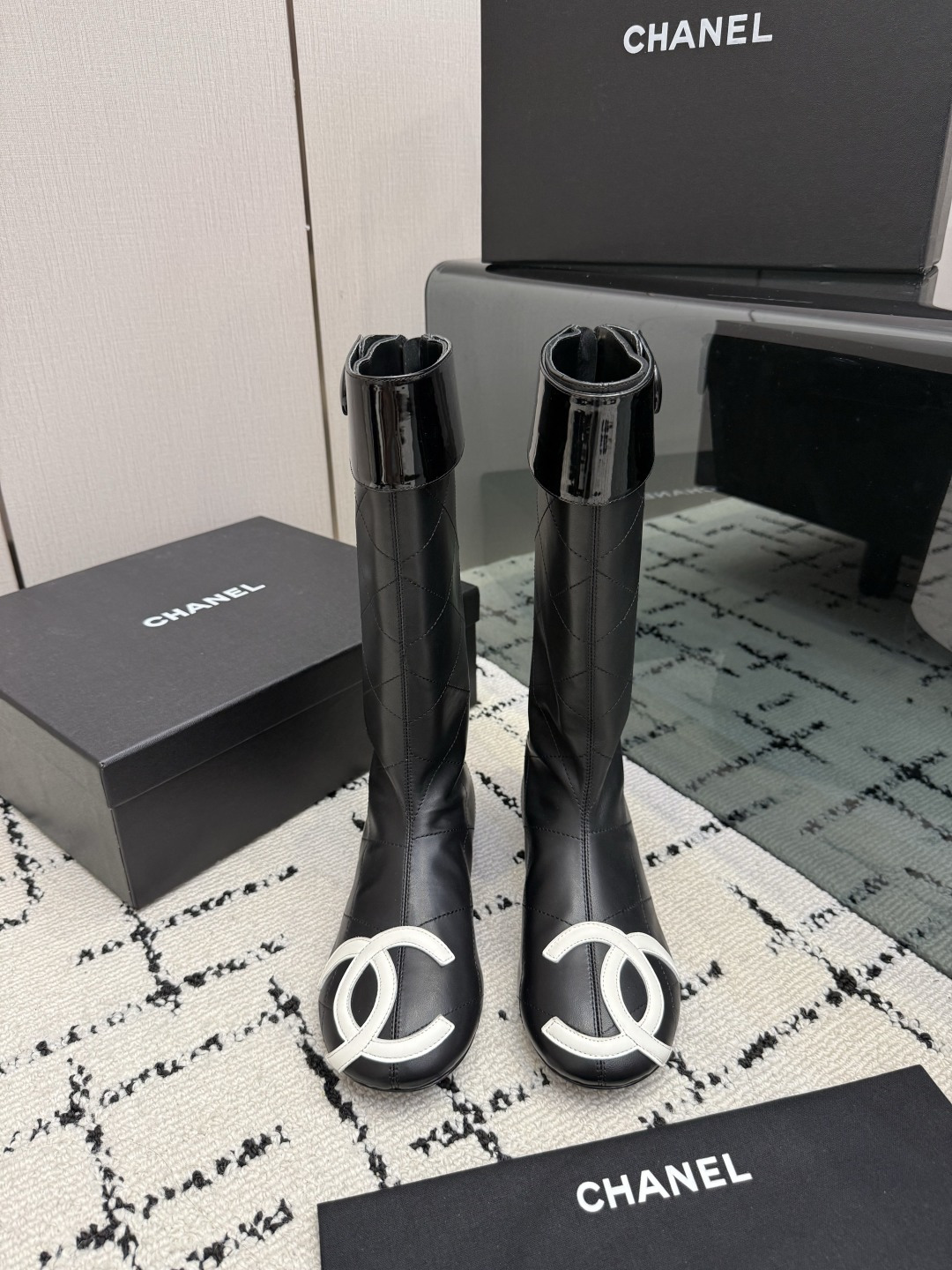 Chanel Black Logo Knee-High Boots
