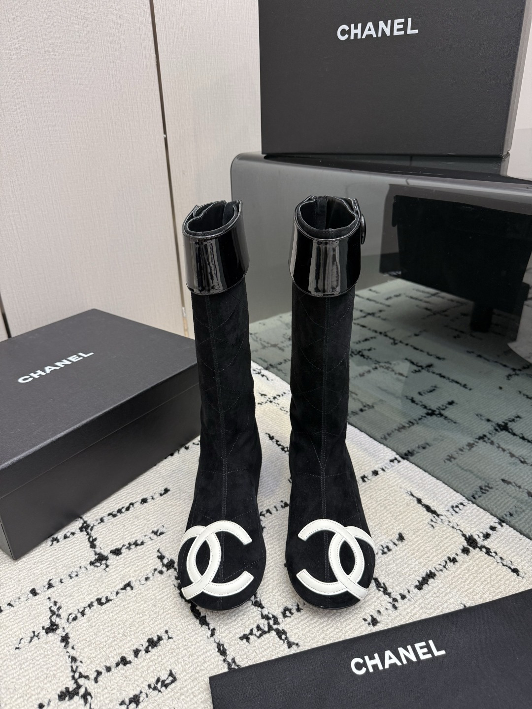 Chanel Black Logo Knee-High Boots