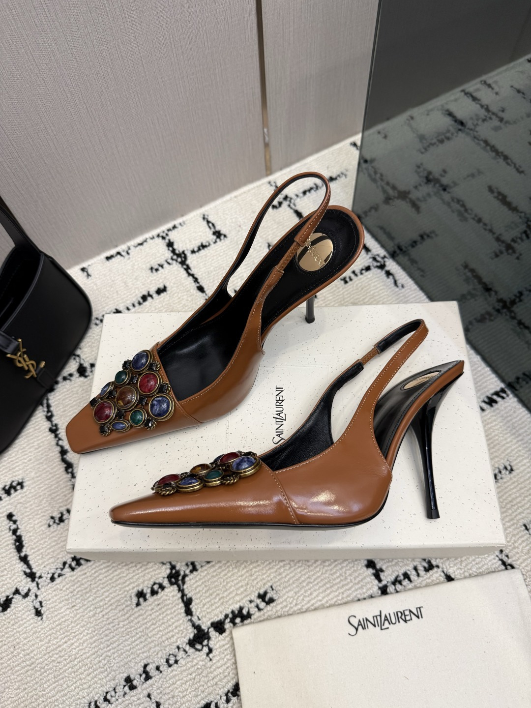 Saint Laurent Brown Jewel Slingback Pumps