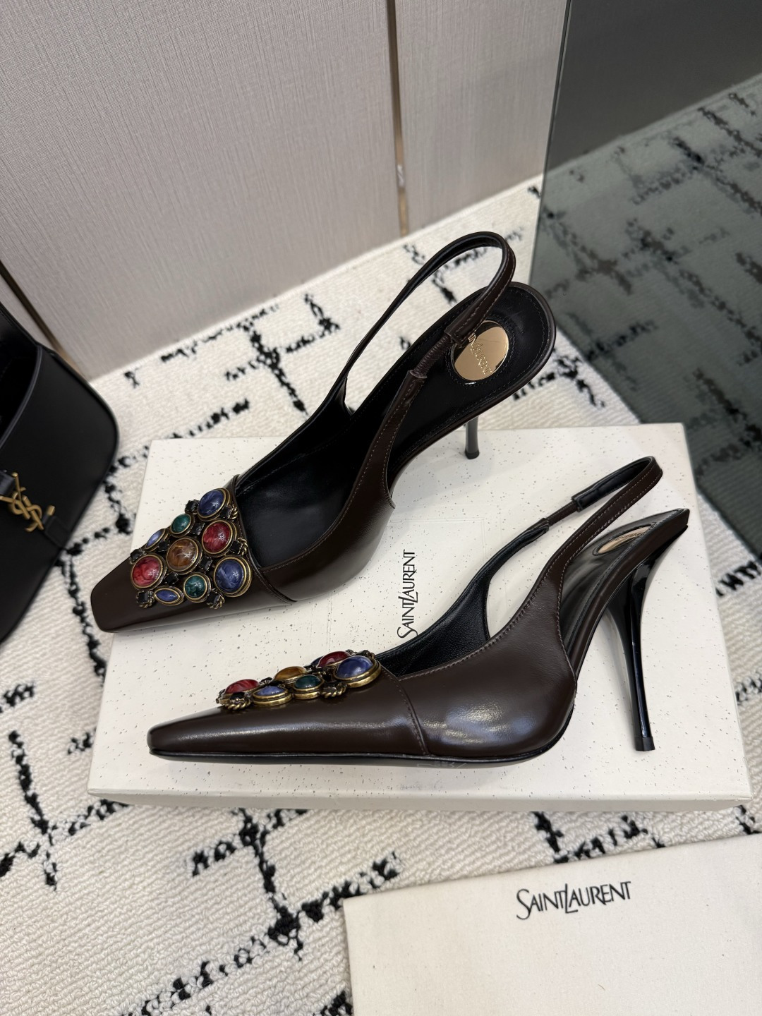 Saint Laurent Dark Brown Jewel Slingback Pumps