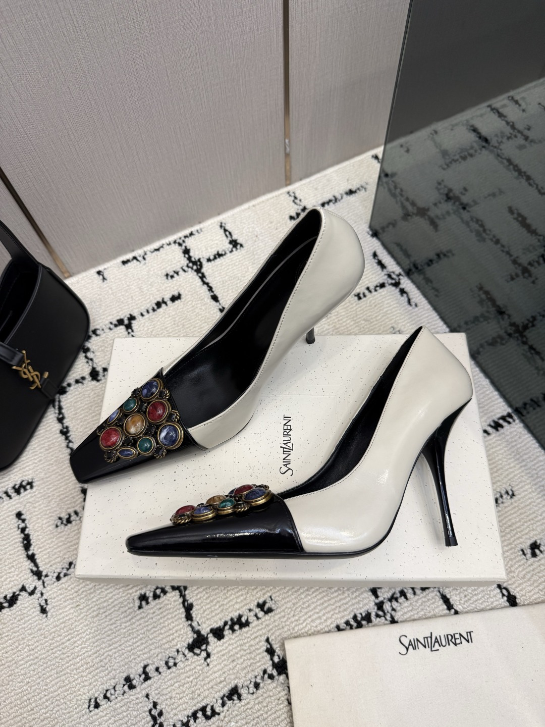 Saint Laurent White Black Jewel Slingback Pumps
