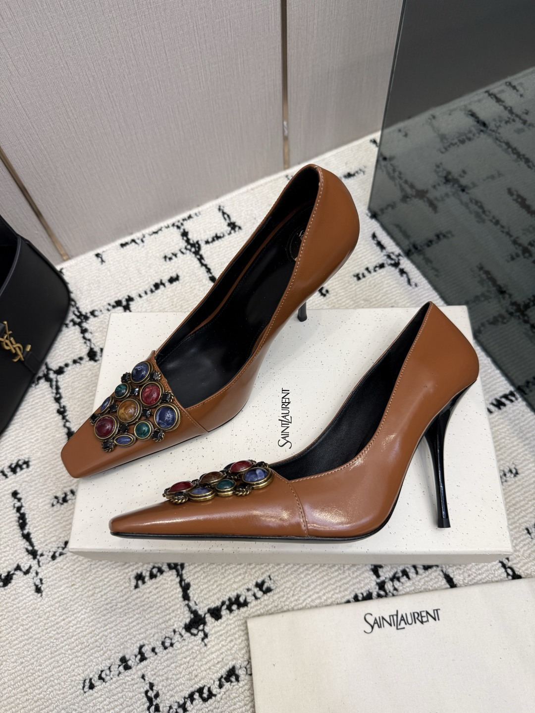 Saint Laurent Tan Jewel Slingback Pumps