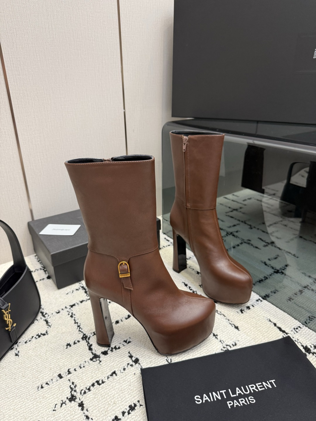 Saint Laurent Brown Buckle Platform Boots
