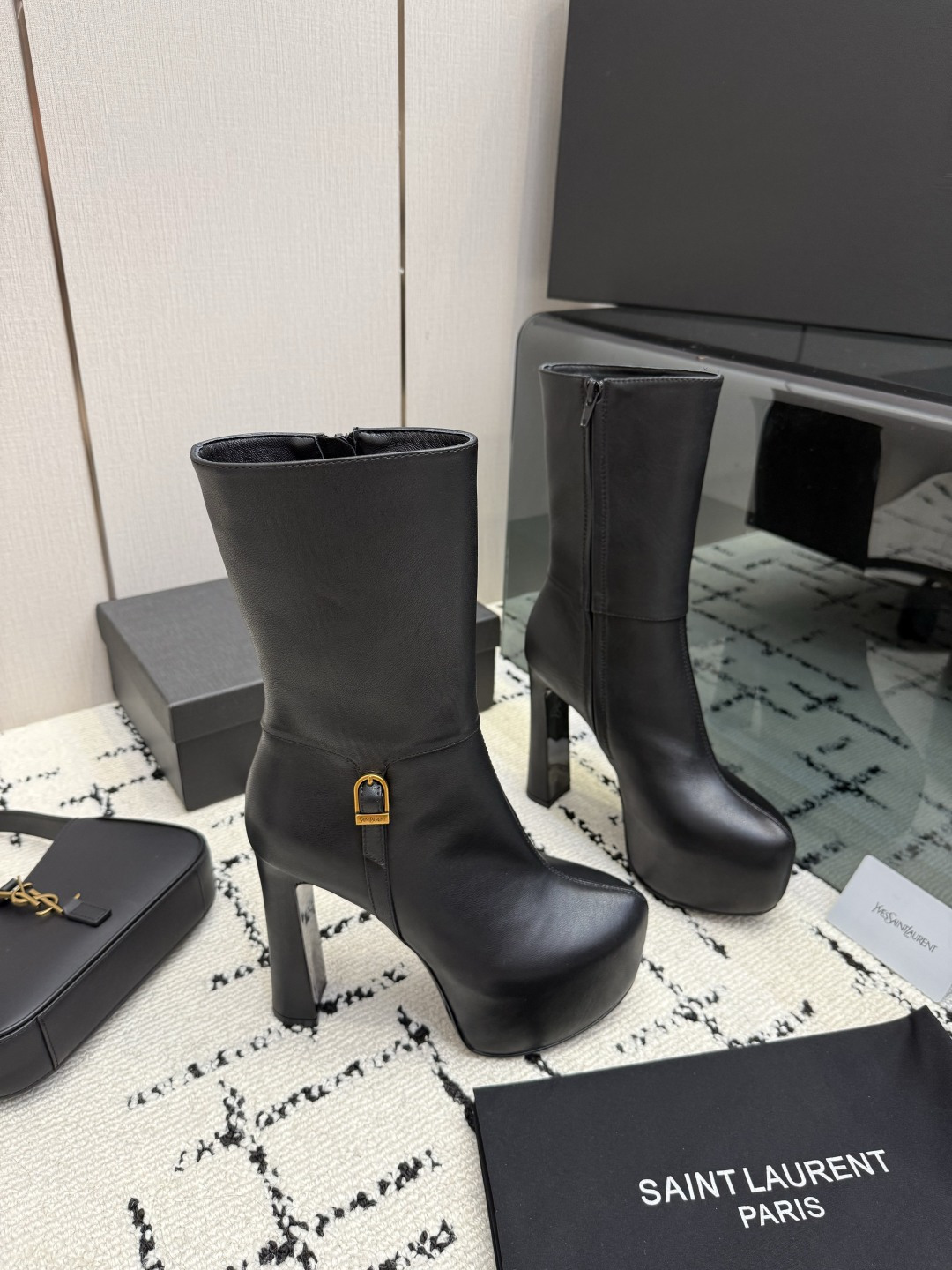 Saint Laurent Black Buckle Platform Boots