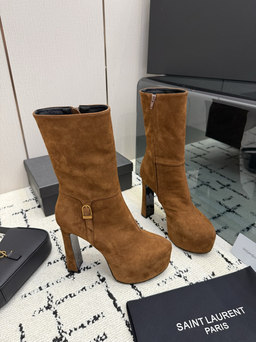 Saint Laurent Tan Buckle Platform Boots