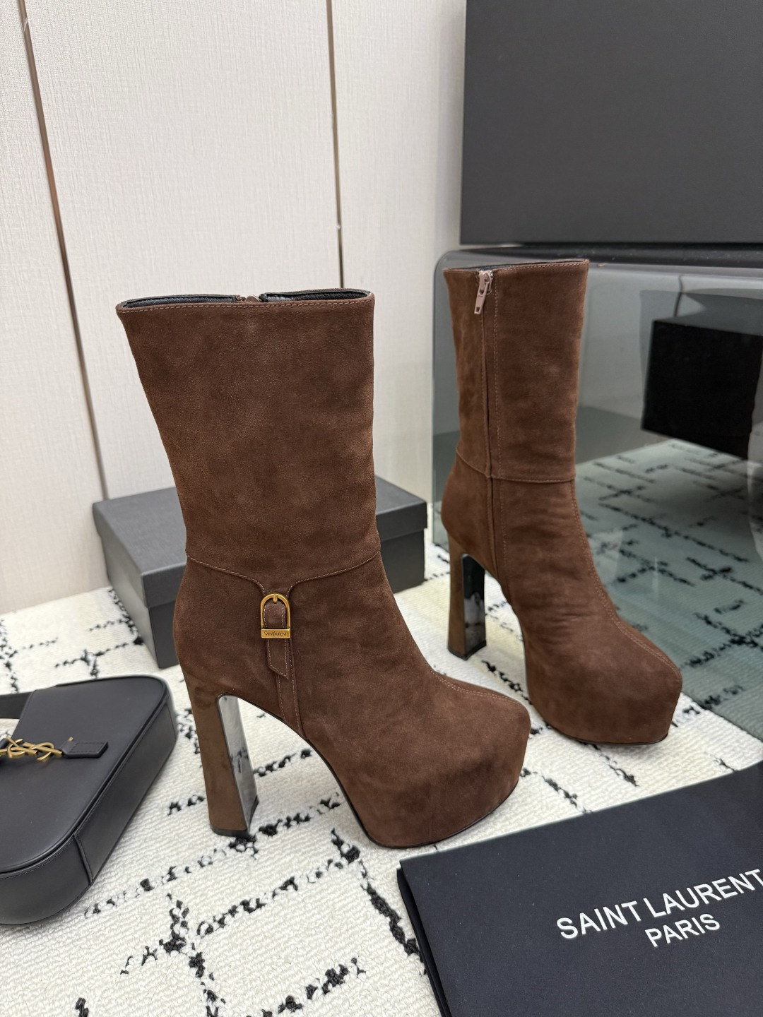 Saint Laurent Brown Buckle Platform Boots