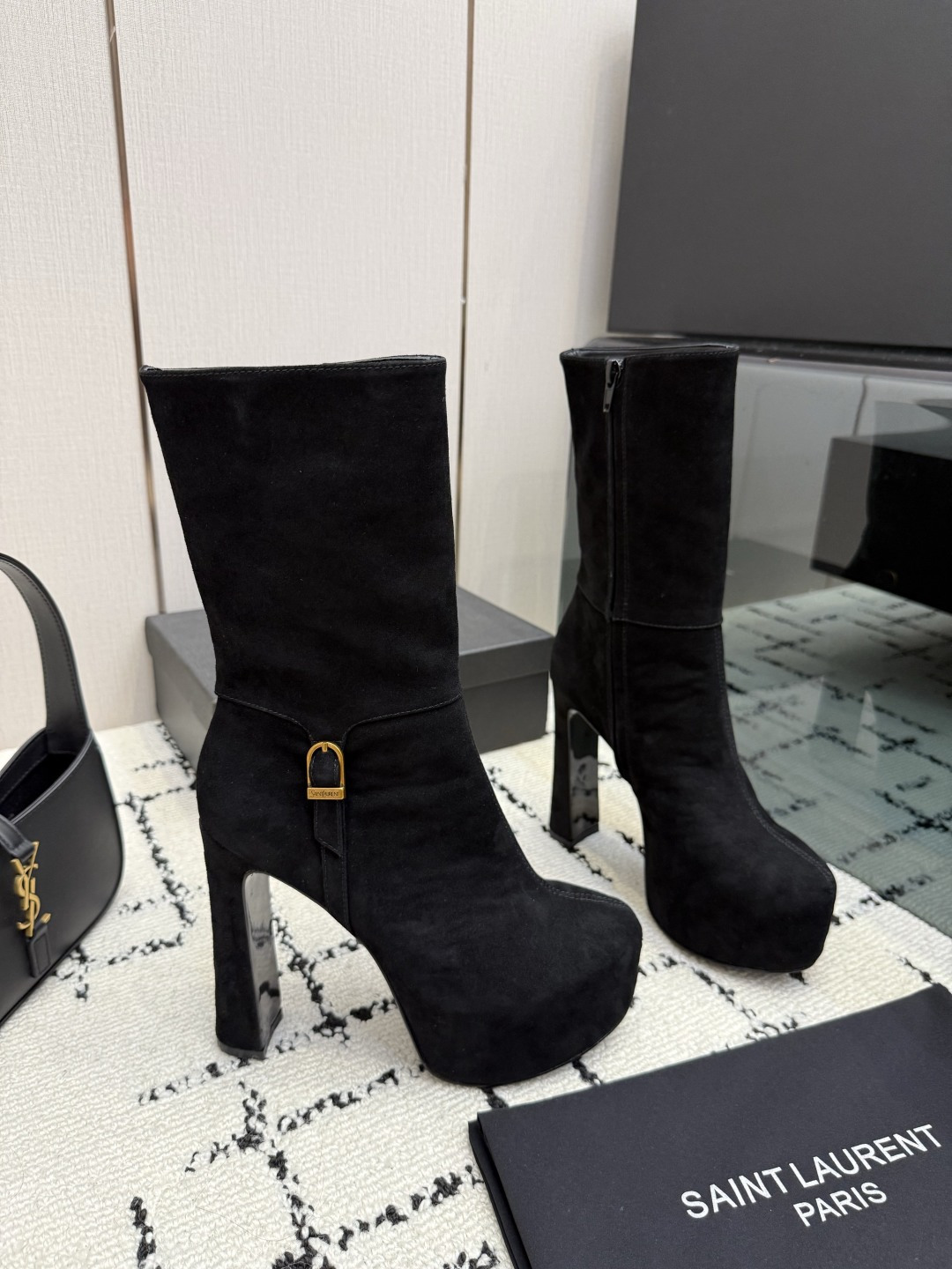 Saint Laurent Black Buckle Platform Boots