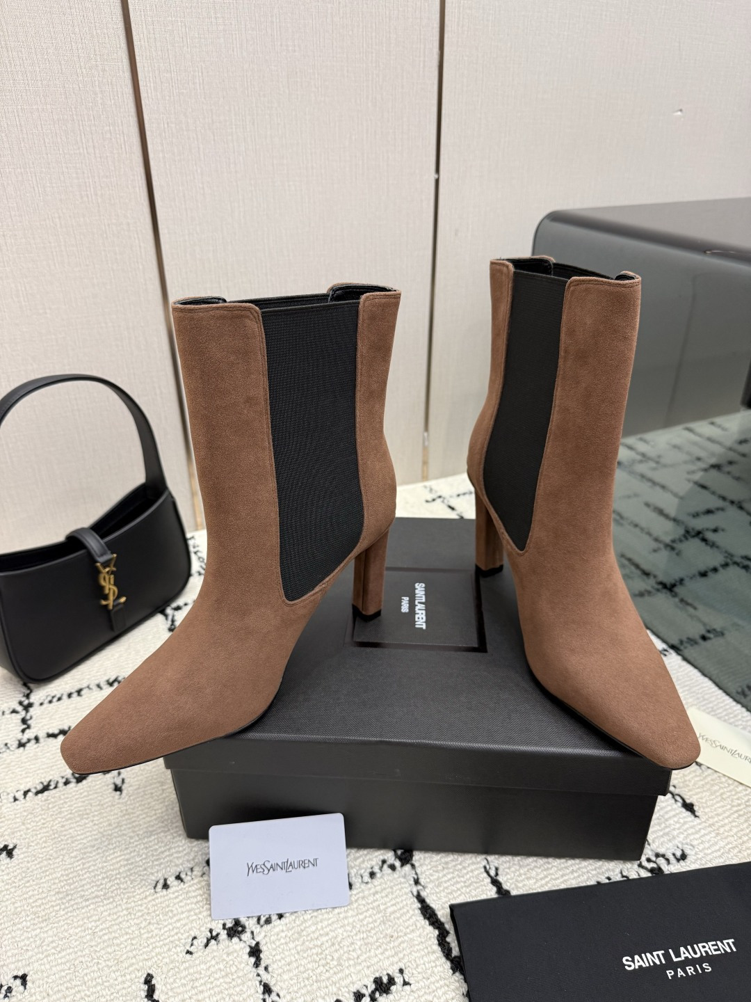 Saint Laurent Tan Elastic Panel Pointed Boots
