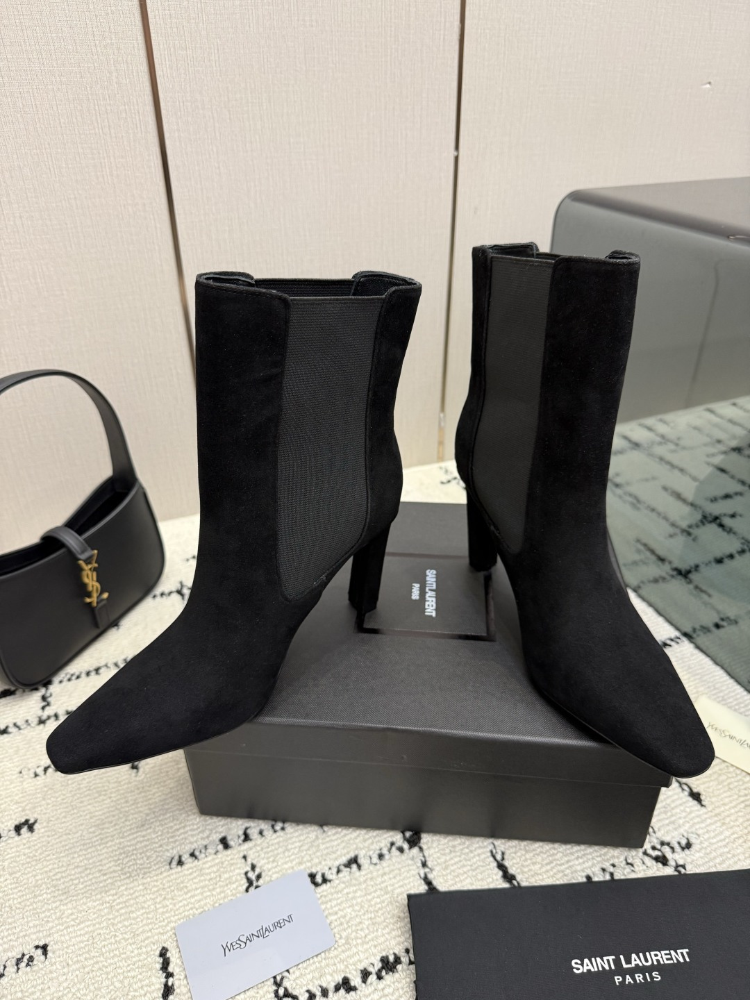 Saint Laurent Black Elastic Panel Pointed Boots