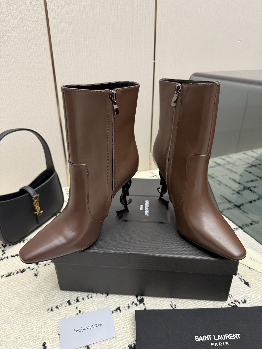 Saint Laurent Brown Side Zip Mid Calf Boots