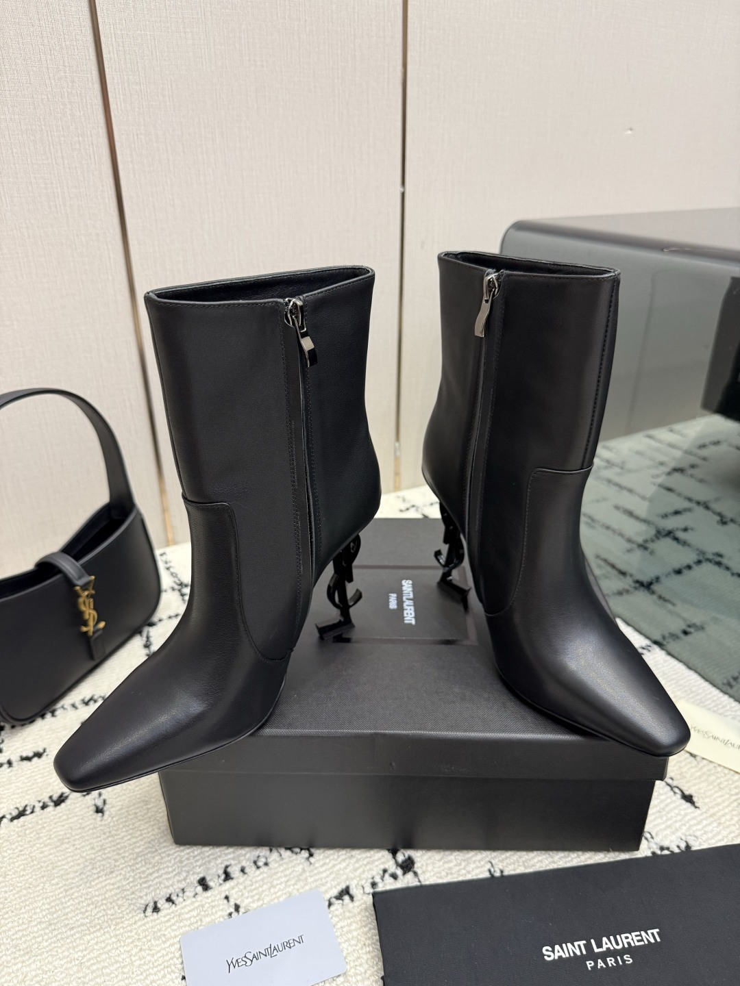 Saint Laurent Black Side Zip Mid Calf Boots