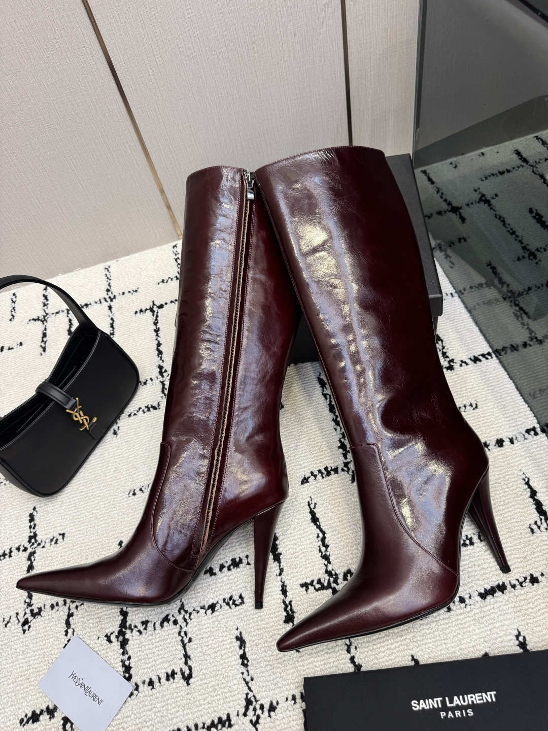 Saint Laurent Burgundy Glossy Knee High Boots
