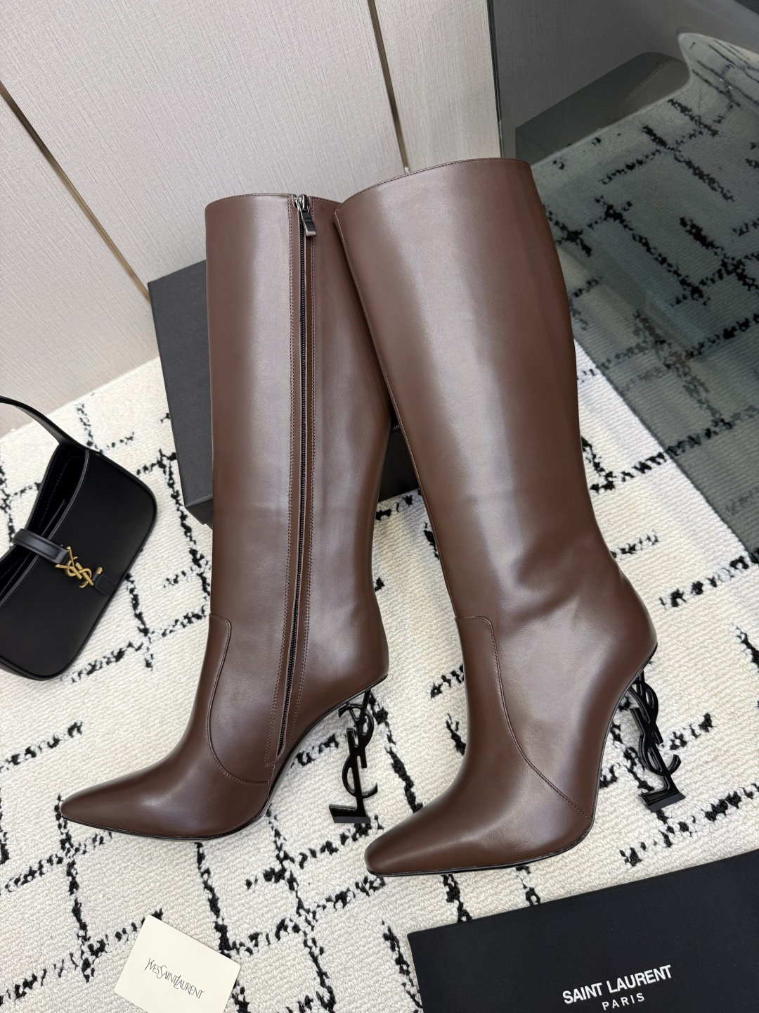 Saint Laurent Brown Round Toe Knee High Boots