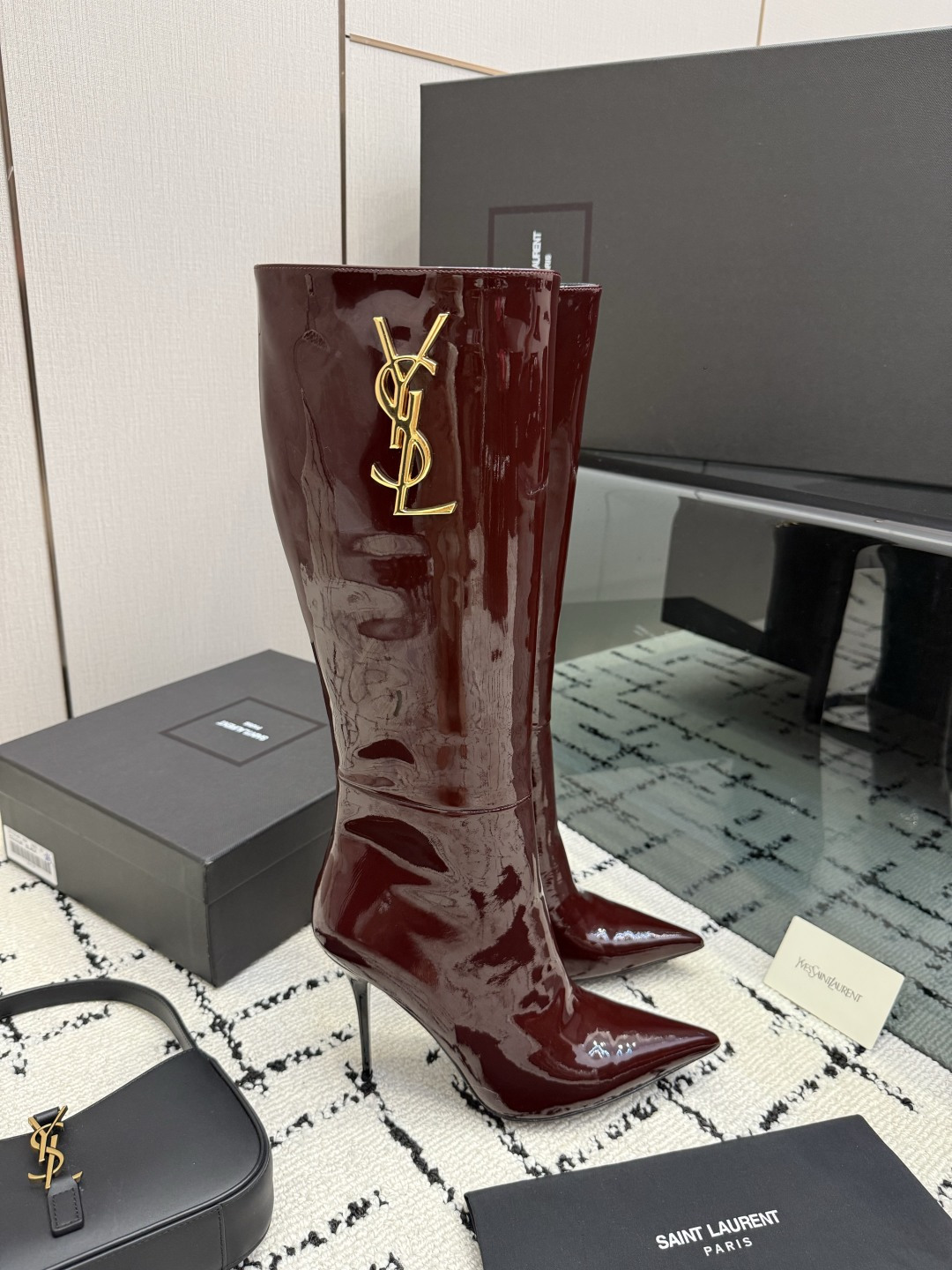 Saint Laurent Burgundy Logo Stiletto Boots