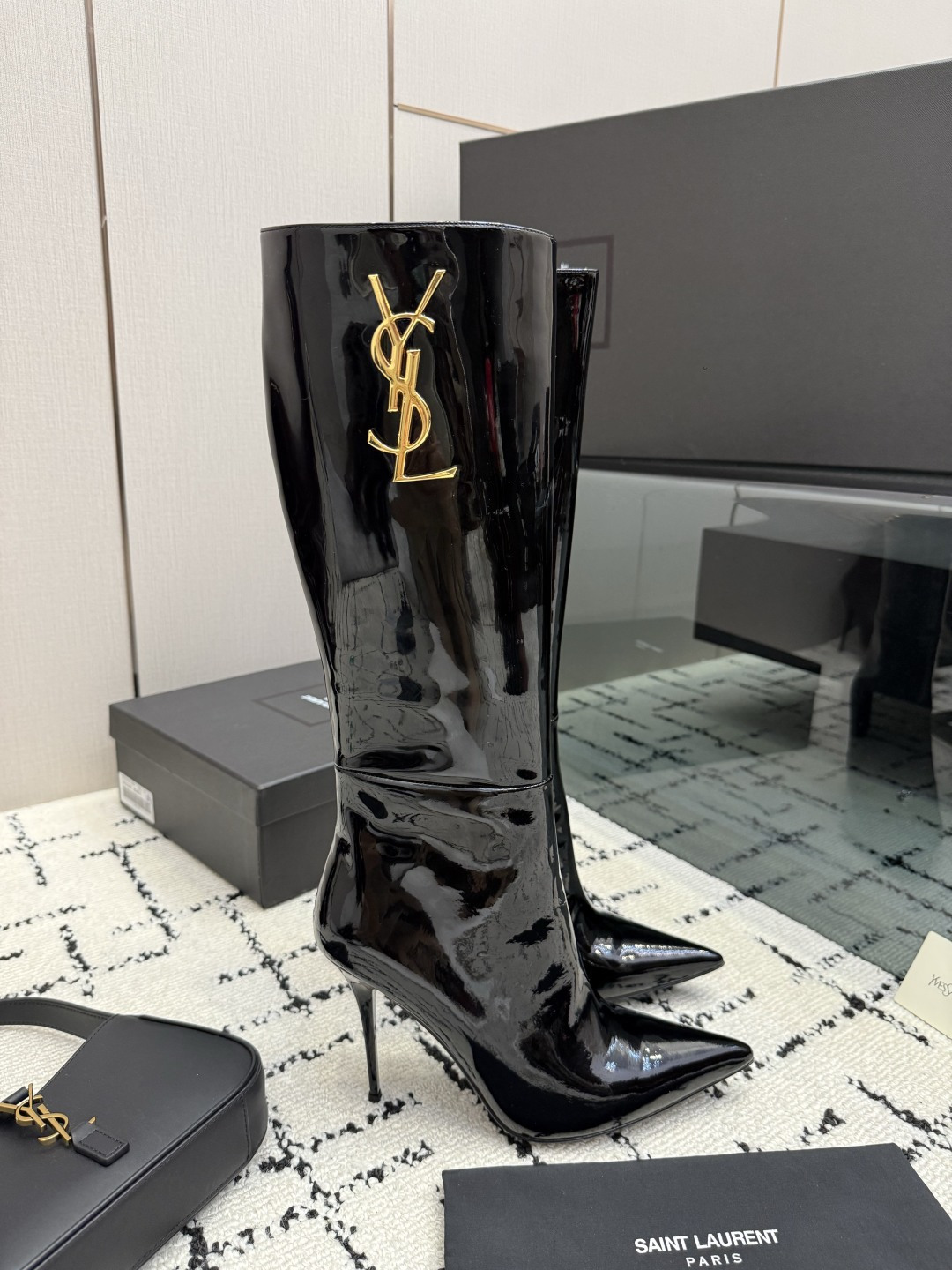 Saint Laurent Black Logo Stiletto Boots