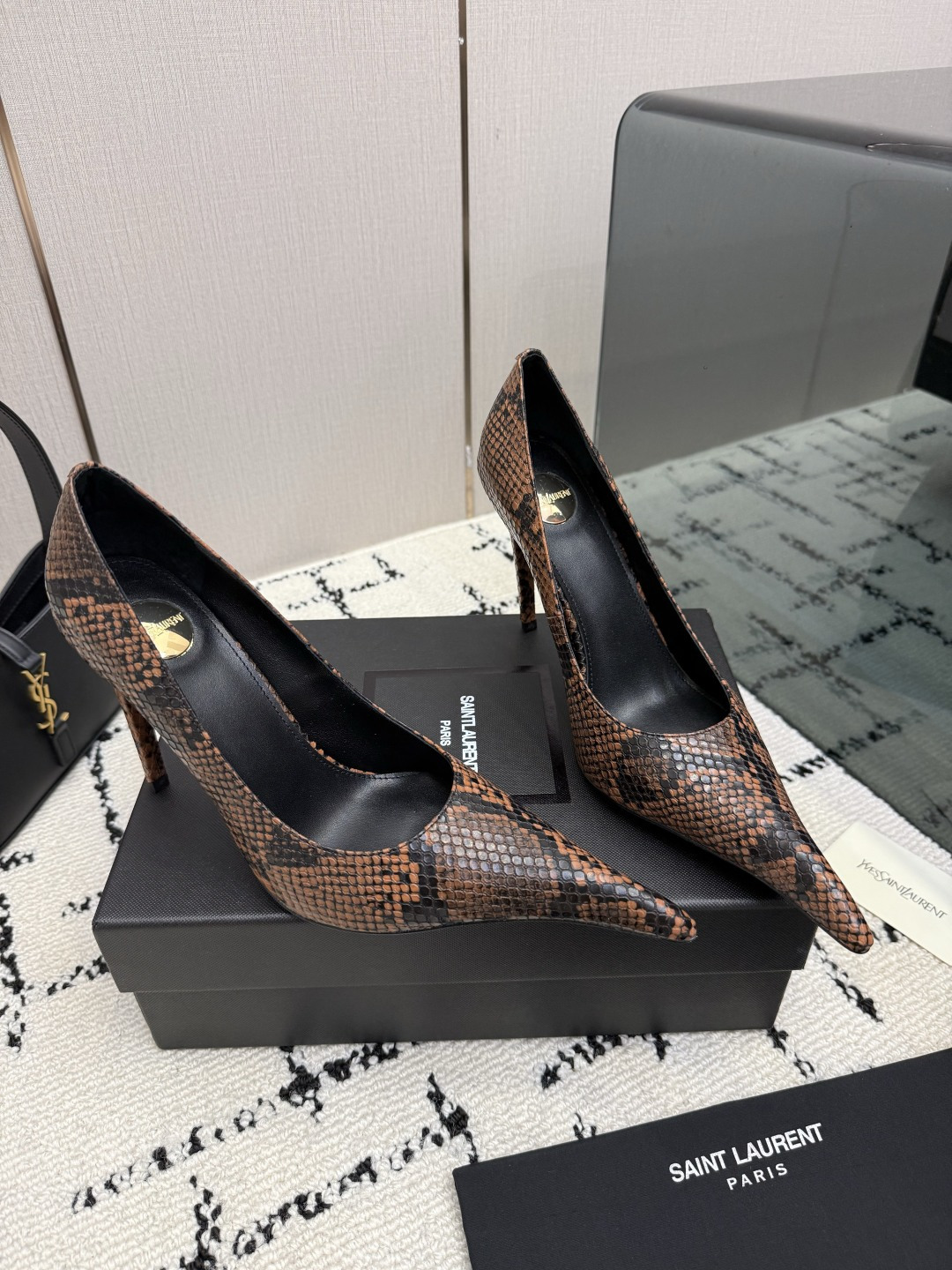 Saint Laurent Brown Black Patterned Pointed Pumps