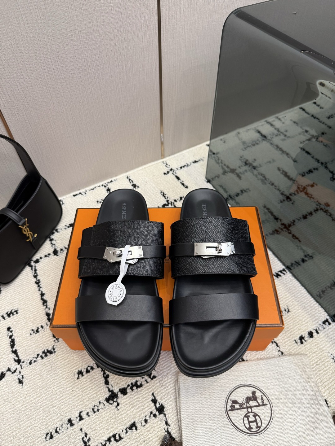 Hermes Black Buckle Slide Sandals