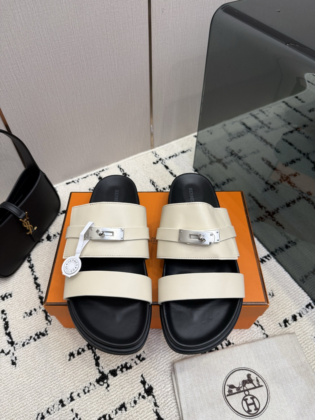 Hermes Cream Buckle Slide Sandals