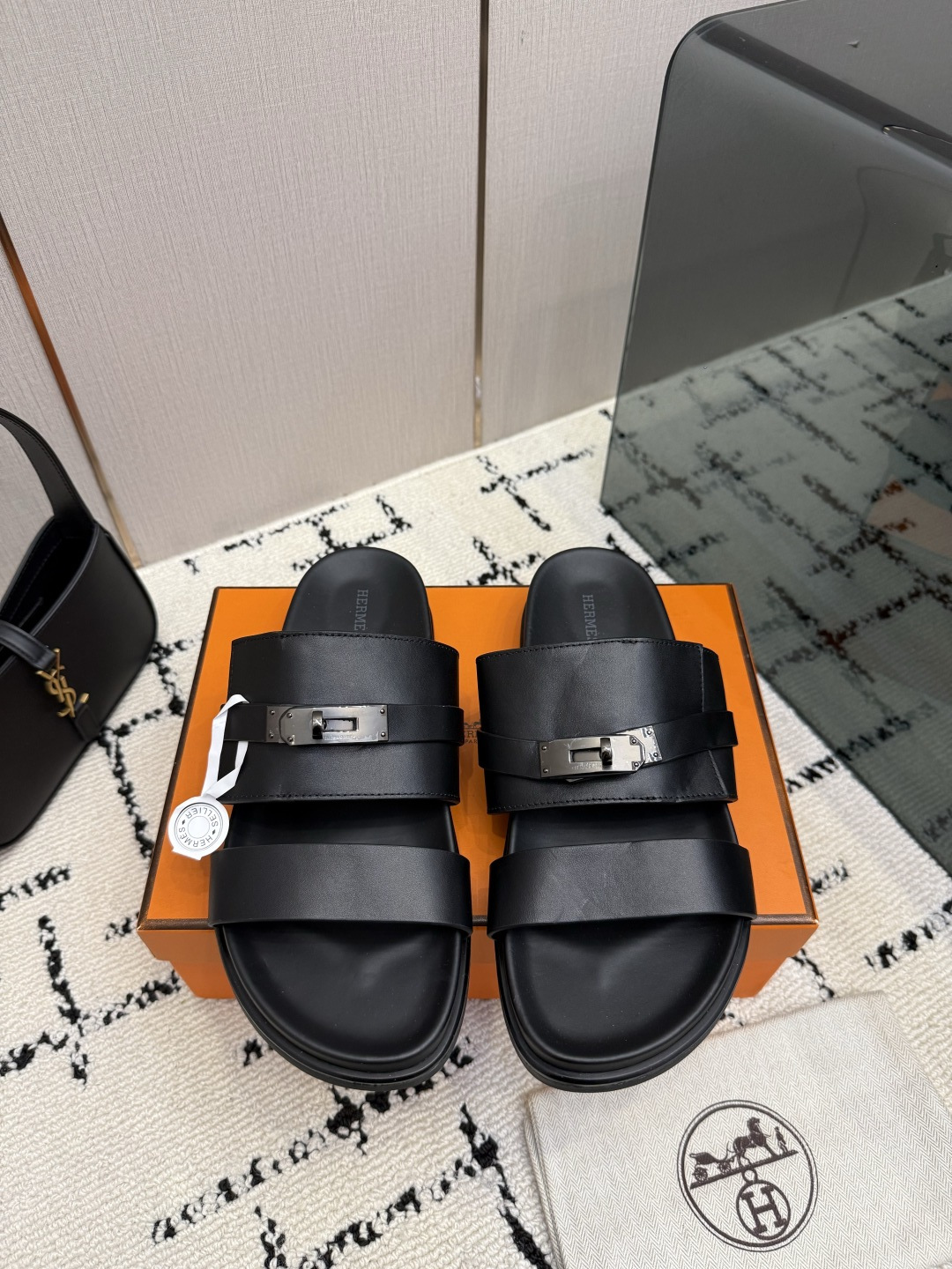 Hermes Black Buckle Slide Sandals