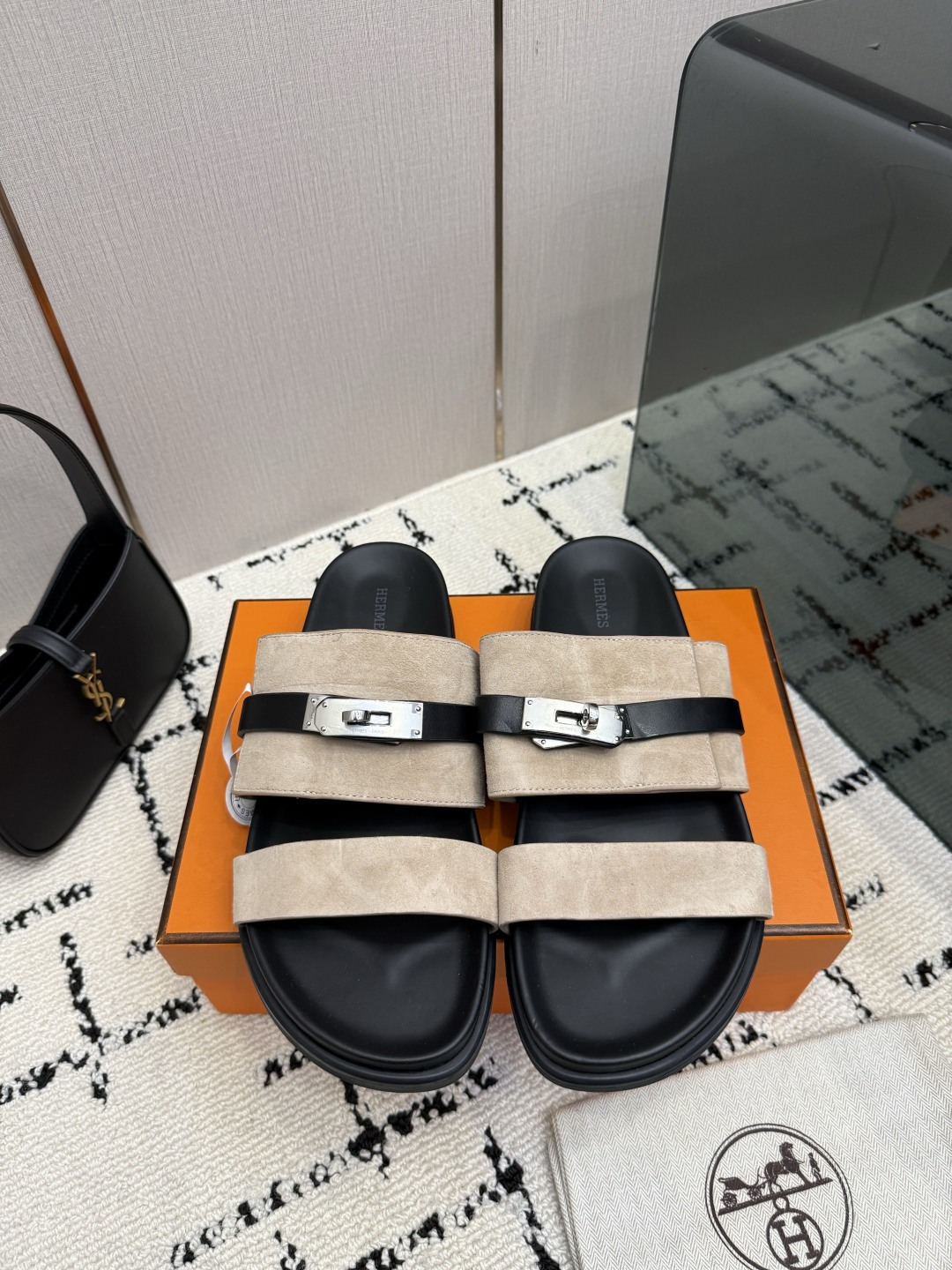 Hermes Beige Buckle Slide Sandals