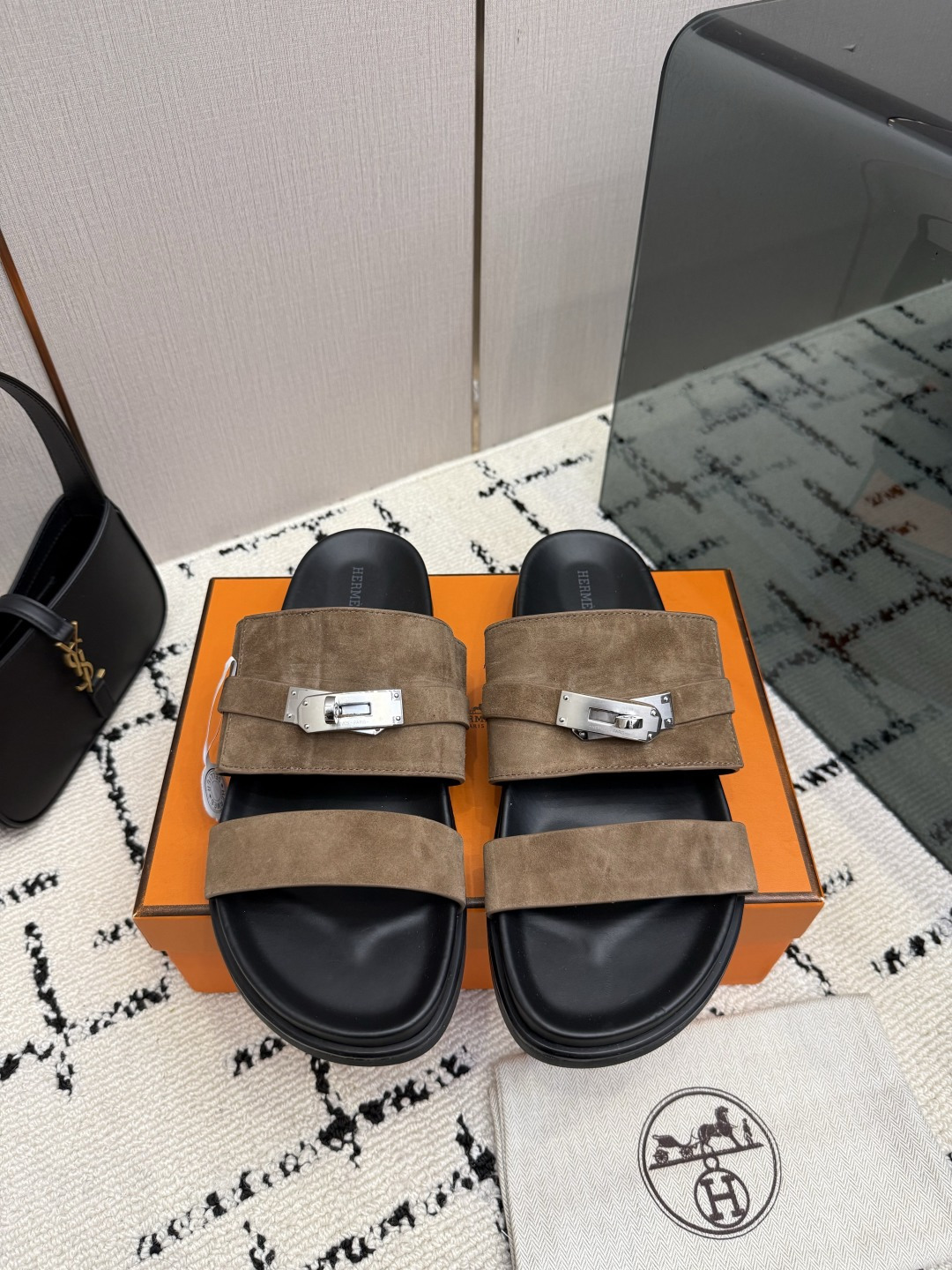 Hermes Tan Buckle Slide Sandals