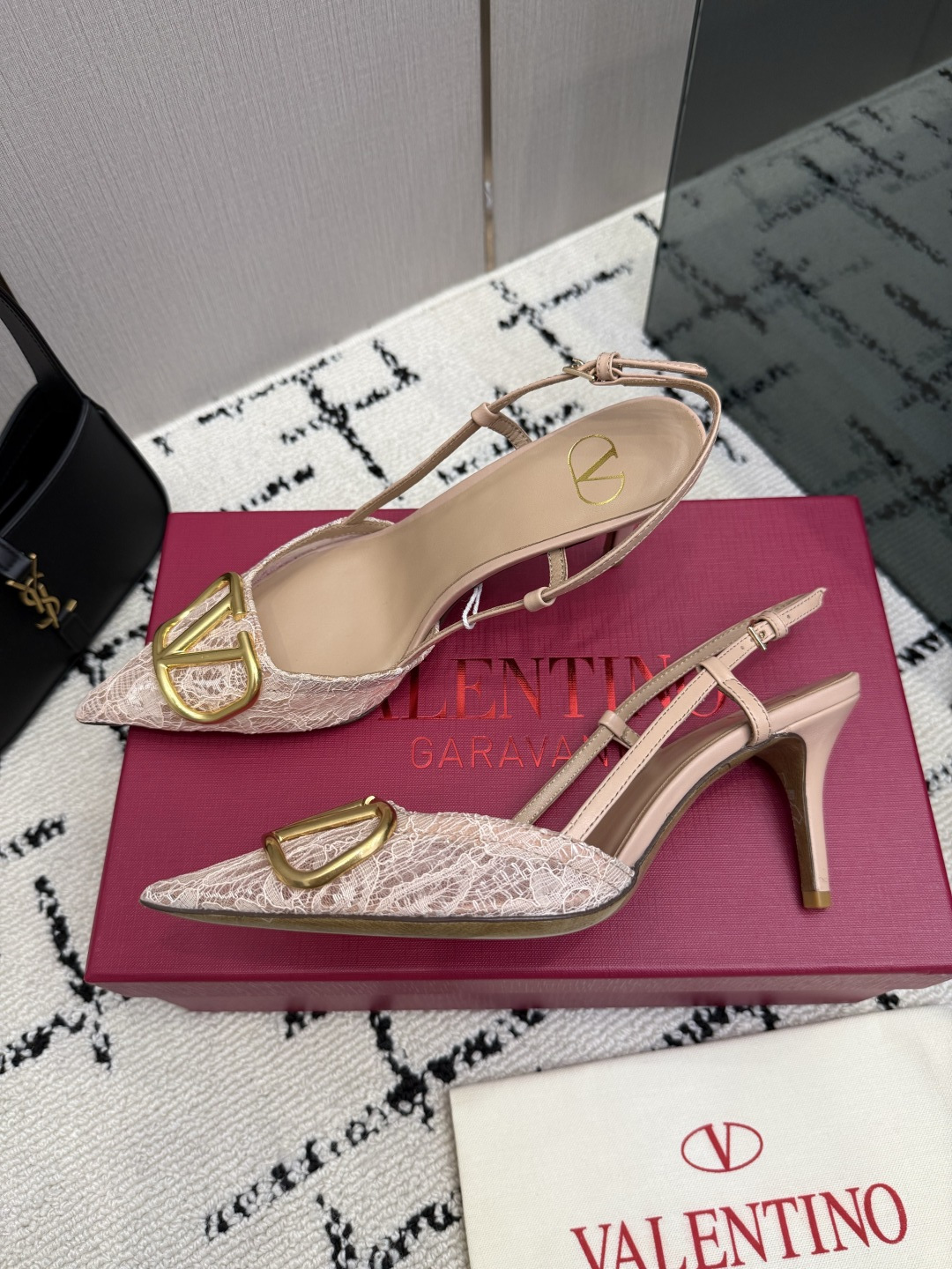 Valentino Beige Lace Logo Slingback Pumps