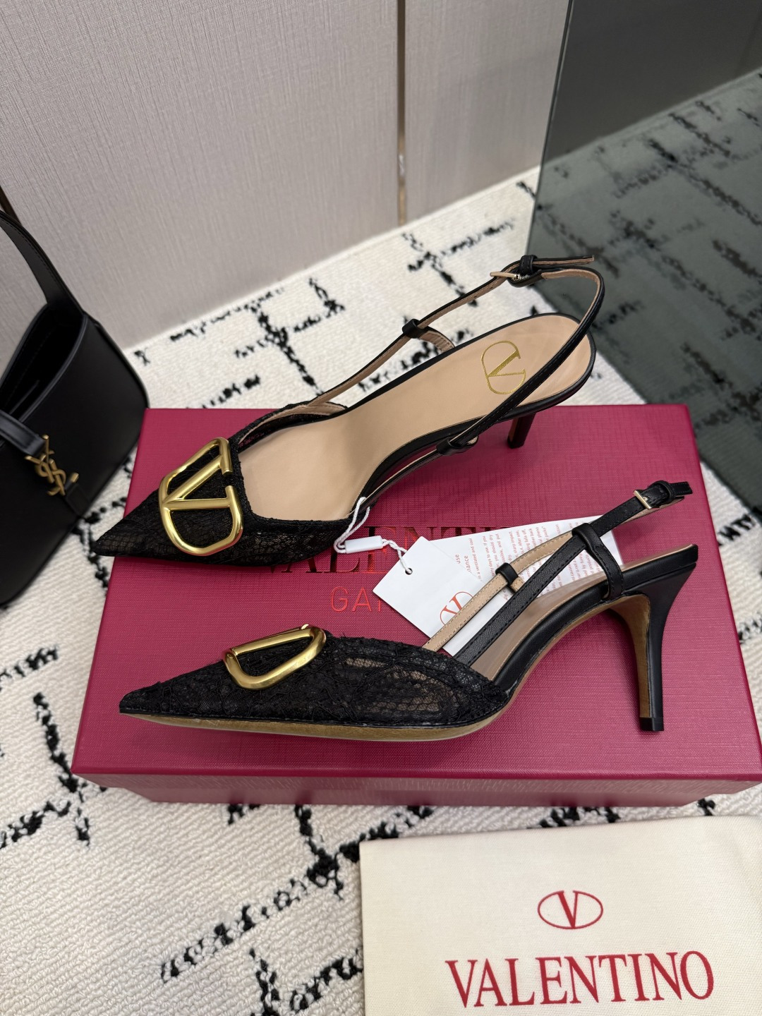 Valentino Black Lace Logo Slingback Pumps