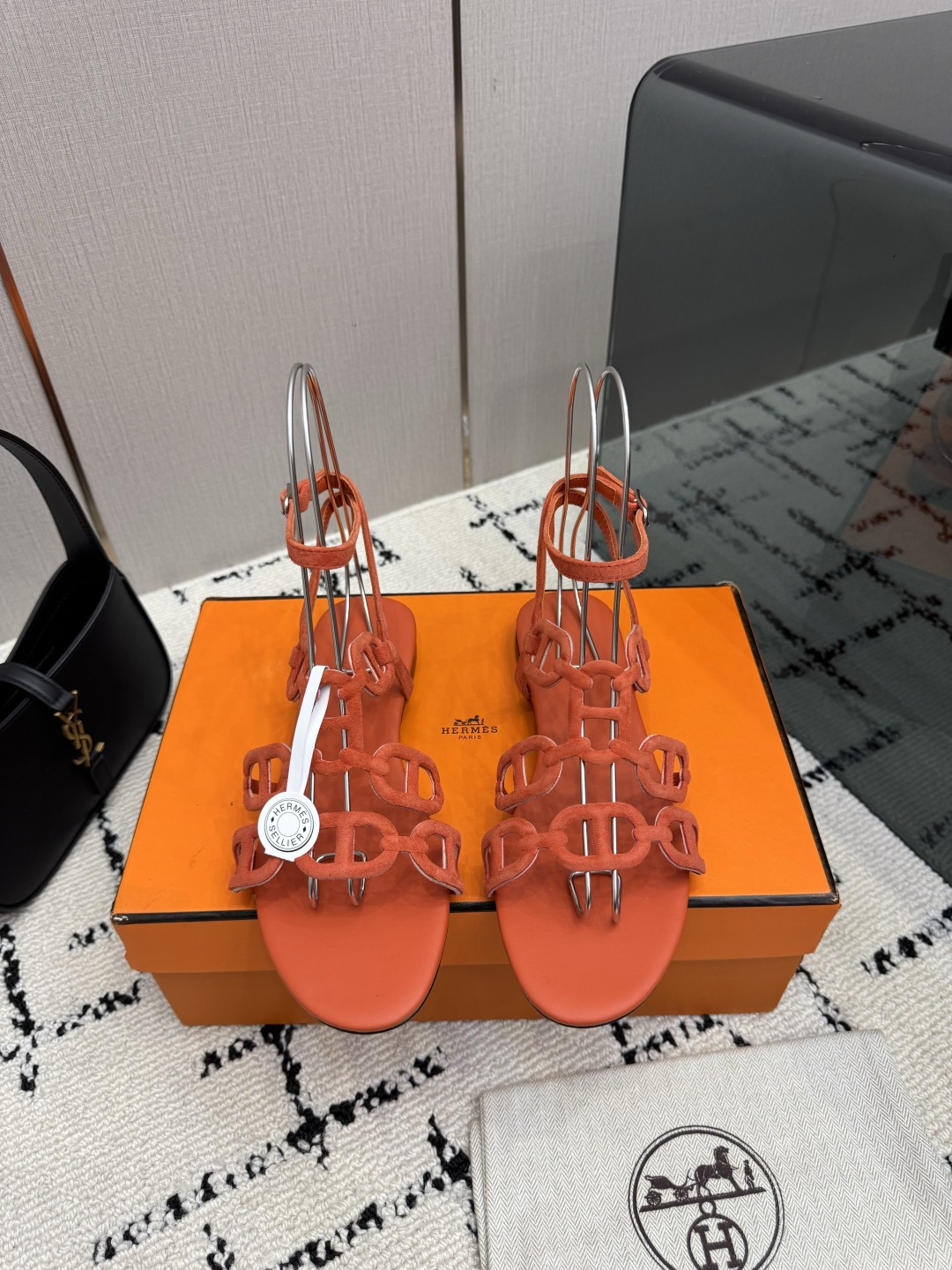 Hermes Orange Multi Strap Flat Sandals