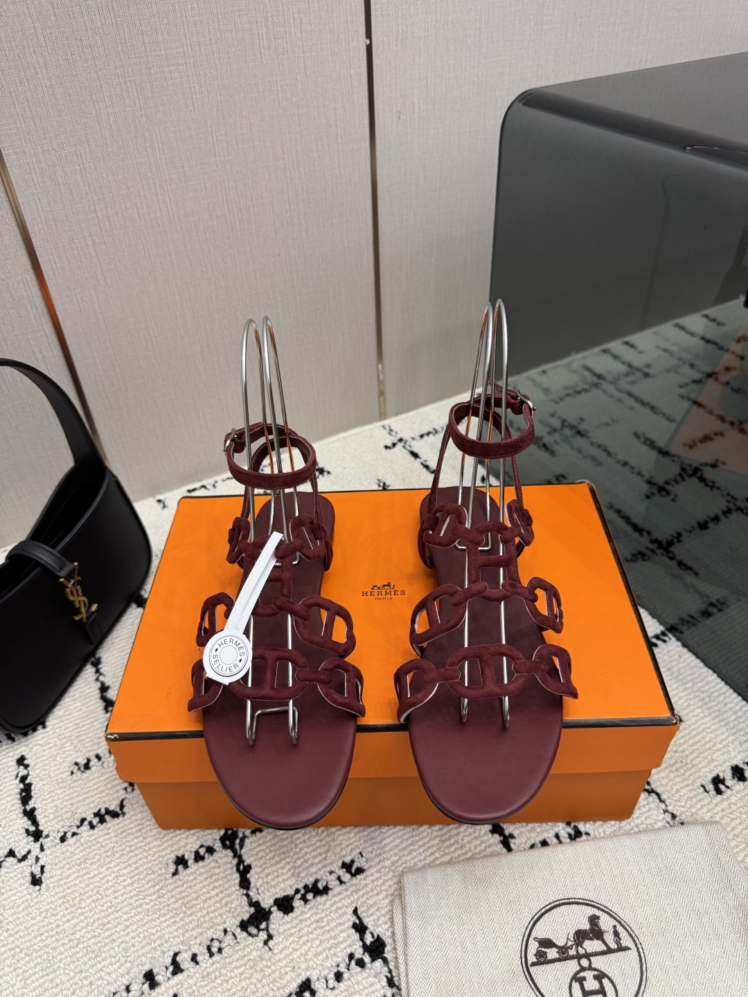 Hermes Burgundy Multi Strap Flat Sandals
