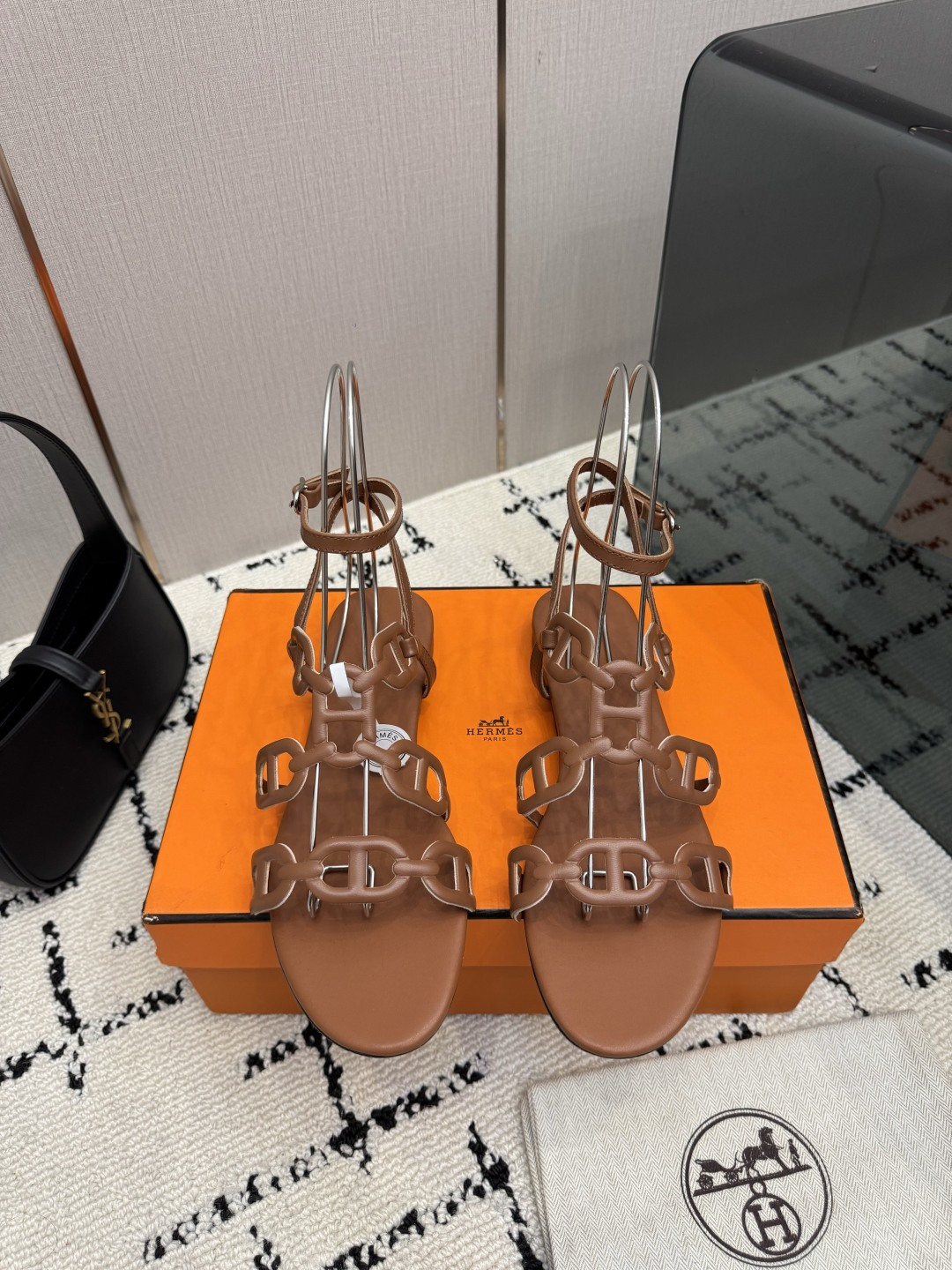 Hermes Beige Multi Strap Flat Sandals
