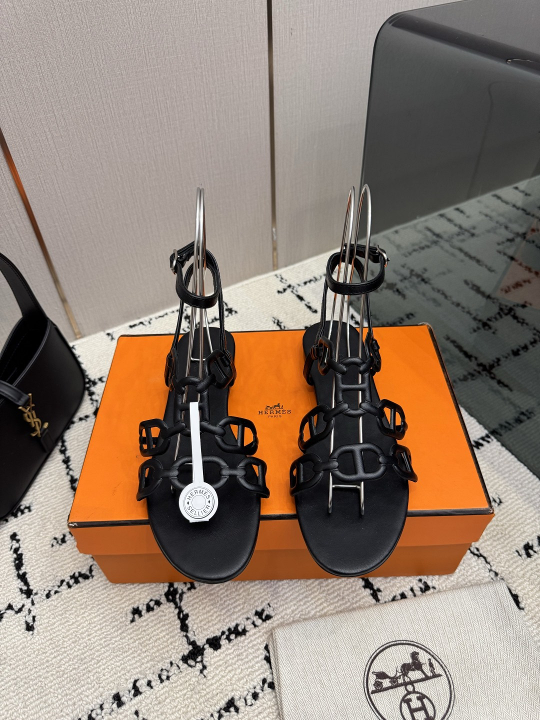 Hermes Black Multi Strap Flat Sandals